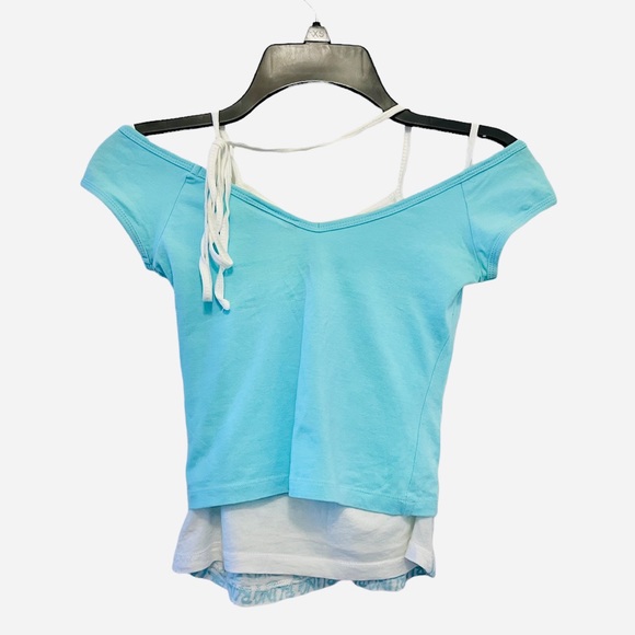 579 Teal Cropped Off the Shoulder Double Layer Bling Halter Top (Late 90s Style) - Picture 2 of 7